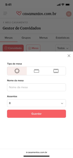 Criação de mesas de acordo com a tipologia, nome e número de lugares.