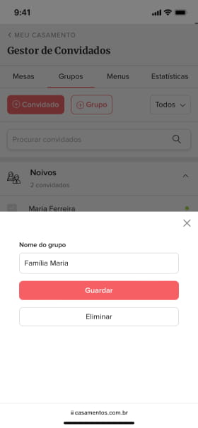 Criação do grupo de convidados na ferramenta Organizador de Mesas.
